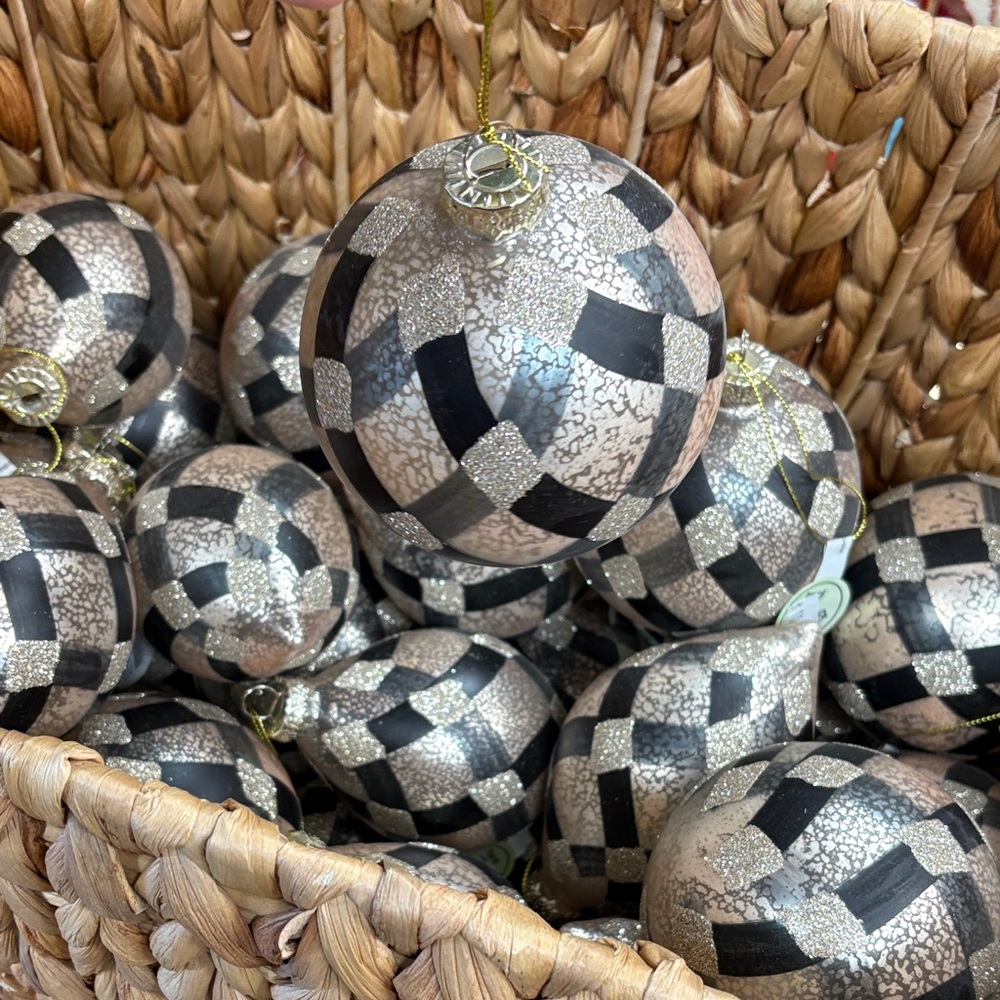Holiday Decorative Checkered Ornament- Black and Metallic